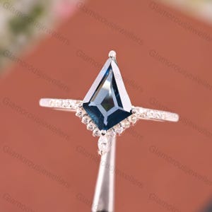 Vintage Kite Cut London Blue Topaz Engagement Ring ,Unique White Gold Blue Topaz Promise Ring Set, Silver Topaz Bridal Set Wedding Ring Gift