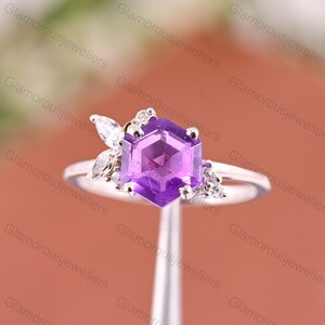 Hexagon Amethyst Ring Set: Sterling Silver Bridal Engagement Ring