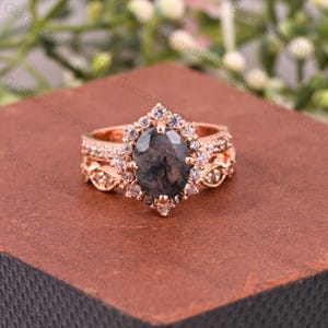 Oval Moss Agate Ring Set: Rose Gold Art Deco Engagement Wedding Band