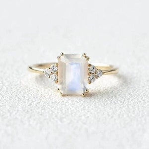 Moonstone Engagement Ring, Emerald cut Moonstone, Dainty Moonstone Ring, 14k Yellow Gold Promise Ring, June Birthstone Jewelry For Women
