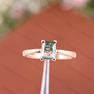Nature Moss Agate Engagement Ring 8*10 Emerald Cut Moss Agate Wedding Ring  Promise Celtic Knot Ring Art Deco Ring  Promise Ring 14K Gold