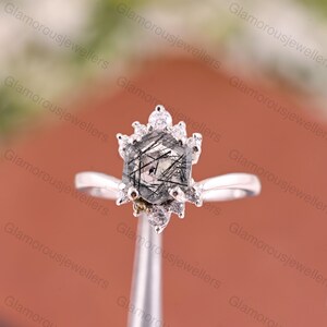 Vintage Hexagon Schwarz Rutilquarz Verlobungsring Einzigartige Schwarz Rutilquarz Hochzeit Ring Papier Diamant Versprechen Ring Jahrestag Geschenke Her