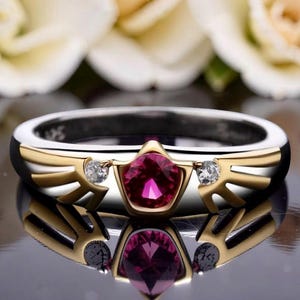 Könnte beinhalten: Ein silberfarbener Ring mit einer zentralen fünfeckigen Fassung und einem leuchtend rosa Edelstein. Das Band ist auf beiden Seiten mit goldfarbenen flügelartigen Motiven verziert, die jeweils einen kleinen, klaren, runden weißen Edelstein tragen.