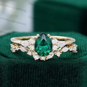 Pear Emerald Engagement Ring Set: Vintage Marquise Diamond, Yellow Gold