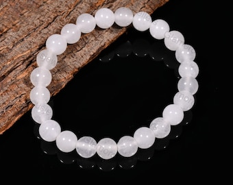 Selenite Beaded Bracelet: Natural White Healing Stone, 8mm