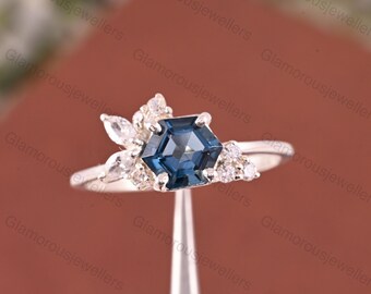 Hexagon London Blue Topaz Ring: Vintage Rose Gold Cluster, Moissanite