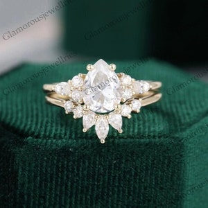 Pear shaped Moissanite engagement ring set Unique Rose gold engagement ring vintage curved Diamond wedding Bridal anniversary gift for women