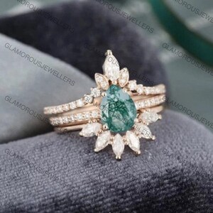 Pear shaped Moss Agate engagement ring set vintage Rose gold cluster engagement ring for women marquise Diamond wedding Bridal Promise gift