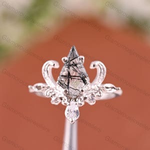 Kite Black Rutilated Quartz Ring: Art Deco Sterling Silver Engagement Ring