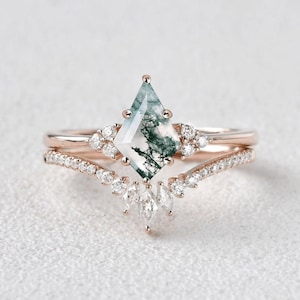 Anillo de compromiso vintage de ágata musgosa verde con corte de cometa, anillo de diamantes apilables en oro rosa de 14 k para mujer, anillo de boda nupcial único, regalo.