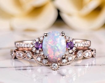 Oval Cut White Opal Engagement Ring 925 Sterling Silver Amethyst Crown Band Set