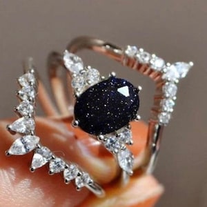 Galaxy Sandstone Ring Set: Black Rhodium Sterling Silver, Cubic Zirconia