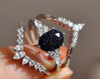 Galaxy Sandstone Ring Set: Black Rhodium Sterling Silver, Cubic Zirconia