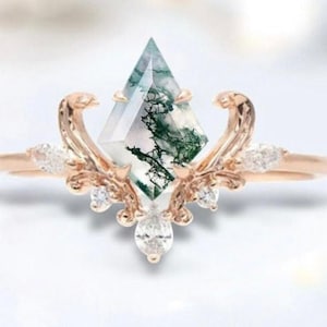 Kite Cut Moss Agate and Diamond Bridal Set, Unique Agate and Moissanite Wedding Set, Vintage White Gold Promise Engagement Ring Set for Her