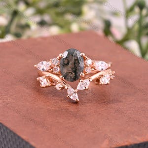 Natural Oval cut green moss agate ring vintage moss agate engagement ring set rose gold wedding ring set cluster alexandrite ring for women