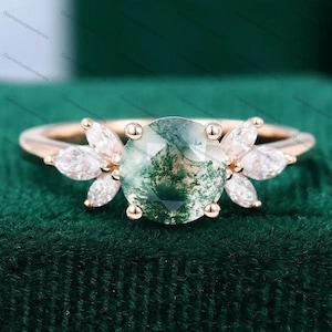 Moss agate ring, Moss agate engagement ring sterling silver, Moss agate promise ring, Round green moss agate ring, Anniversary gift for her