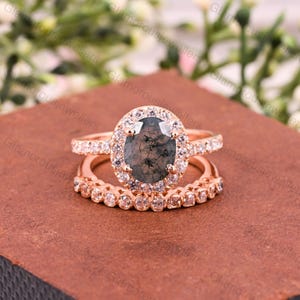 Natural Moss Agate Engagement Ring Set: Rose Gold Vintage Oval Bridal Ring