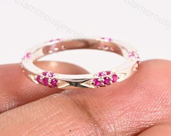 Ruby Filigree Wedding Band: 14k White Gold Art Deco Style