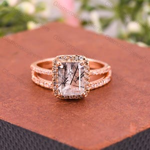 Vintage Emerald cut black rutilated quartz engagement ring set 14k rose gold art deco wedding ring for women unique bridal promise ring set