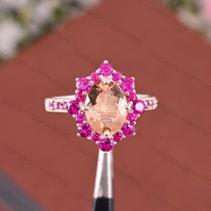 Dainty Oval Cut Pink Morganite Engagement Ring Vintage Unique Rose Gold Moissanite Wedding Ring Solitaire Morganite Ring Anniversary Ring