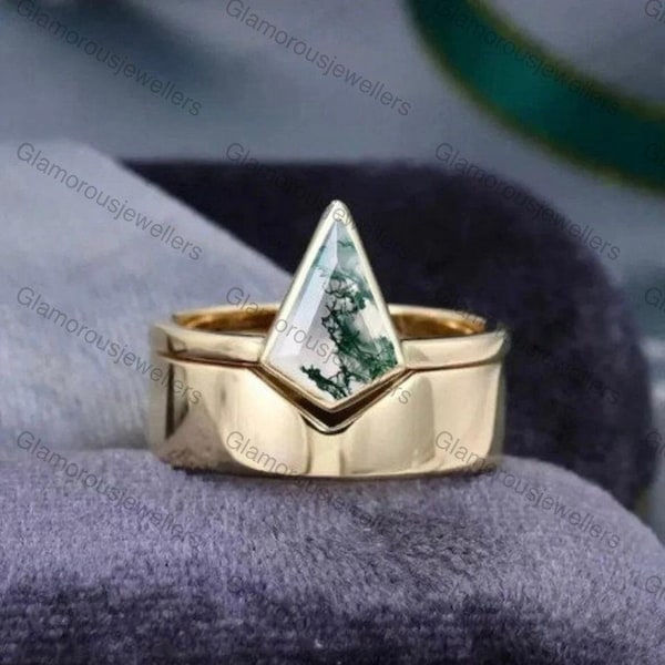 Unique kite cut green moss agate engagement ring set 14k rose gold engagement moissanite ring for women vintage bridal wedding ring set gift