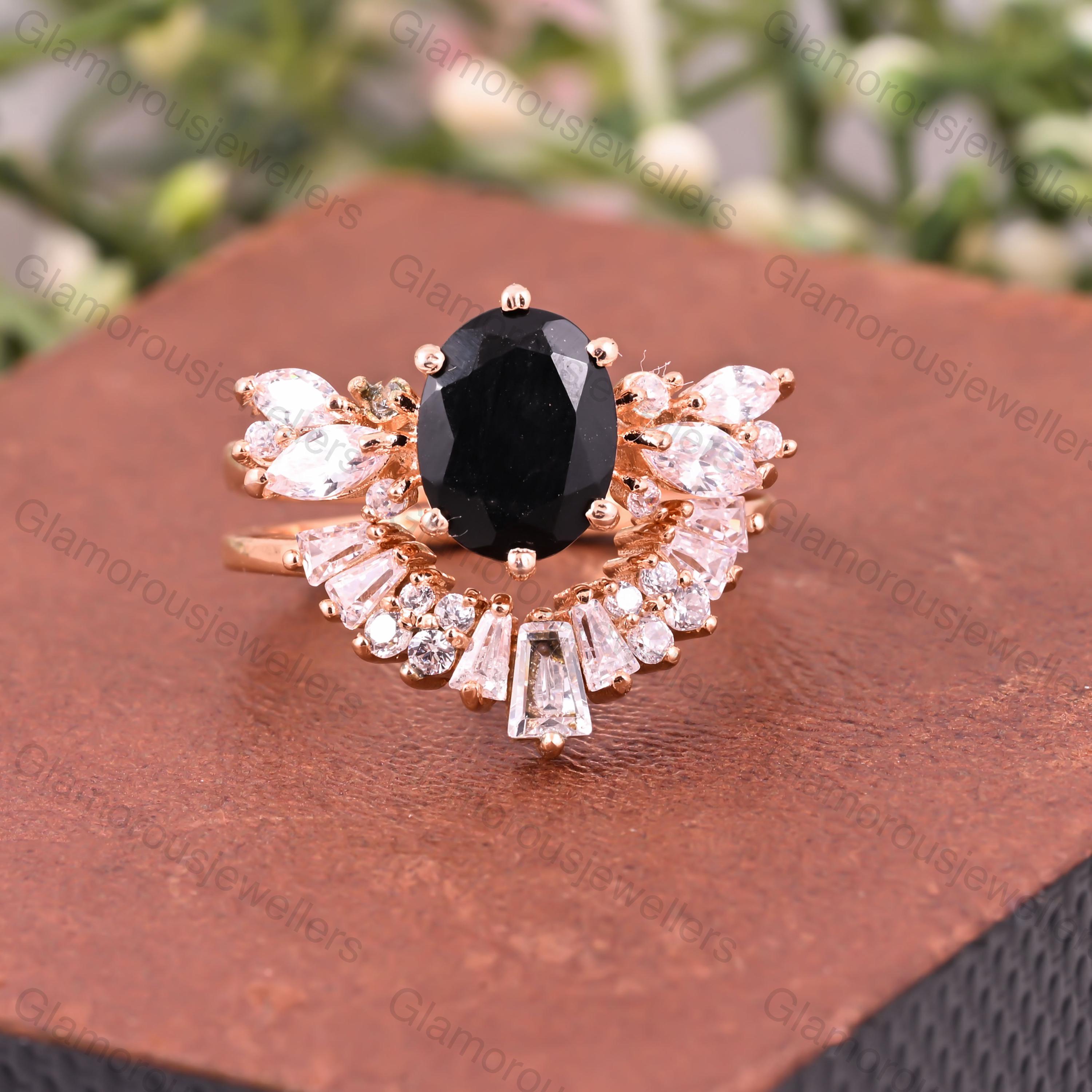 18Kにオーバル型のブラックオニキスのリング オーバルブラックオニキスリングセット：14Kローズゴールド