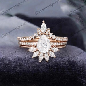 Vintage Pear Moissanite Engagement Ring Set: Rose Gold Art Deco Bridal