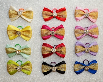 Elegant Dog Bows: Gold Ribbon & Rhinestone Detail, XS Size