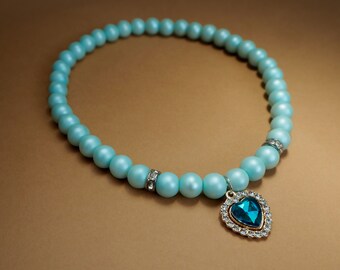 Blue Pearl Dog Necklace: Turquoise Heart Pendant, Pet Collar (12.8 inch)