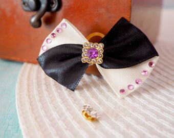Black & White Dog Bow: Purple Rhinestone Pet Accessories