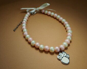 Handmade Pearl Dog Necklace: Pink & Beige Beaded Pet Collar with Paw Charm