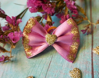 Pink Dog Bow: Gold Sequin Heart, Pet Accessories
