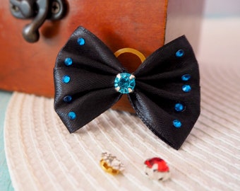 Black Satin Dog Bow: Blue Rhinestone Pet Accessories