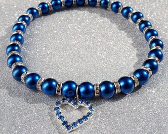 Blue Pearl Pet Necklace: Handmade Beaded Dog Cat Collar with Heart Charm