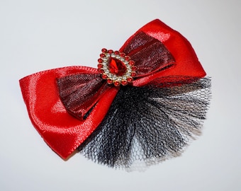 Red Satin Dog Bow: Elegant Pet Hair Clip with Rhinestone