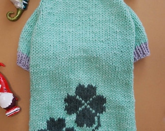 Dog sweater M/L soft, warm, handmade, mint with clovers