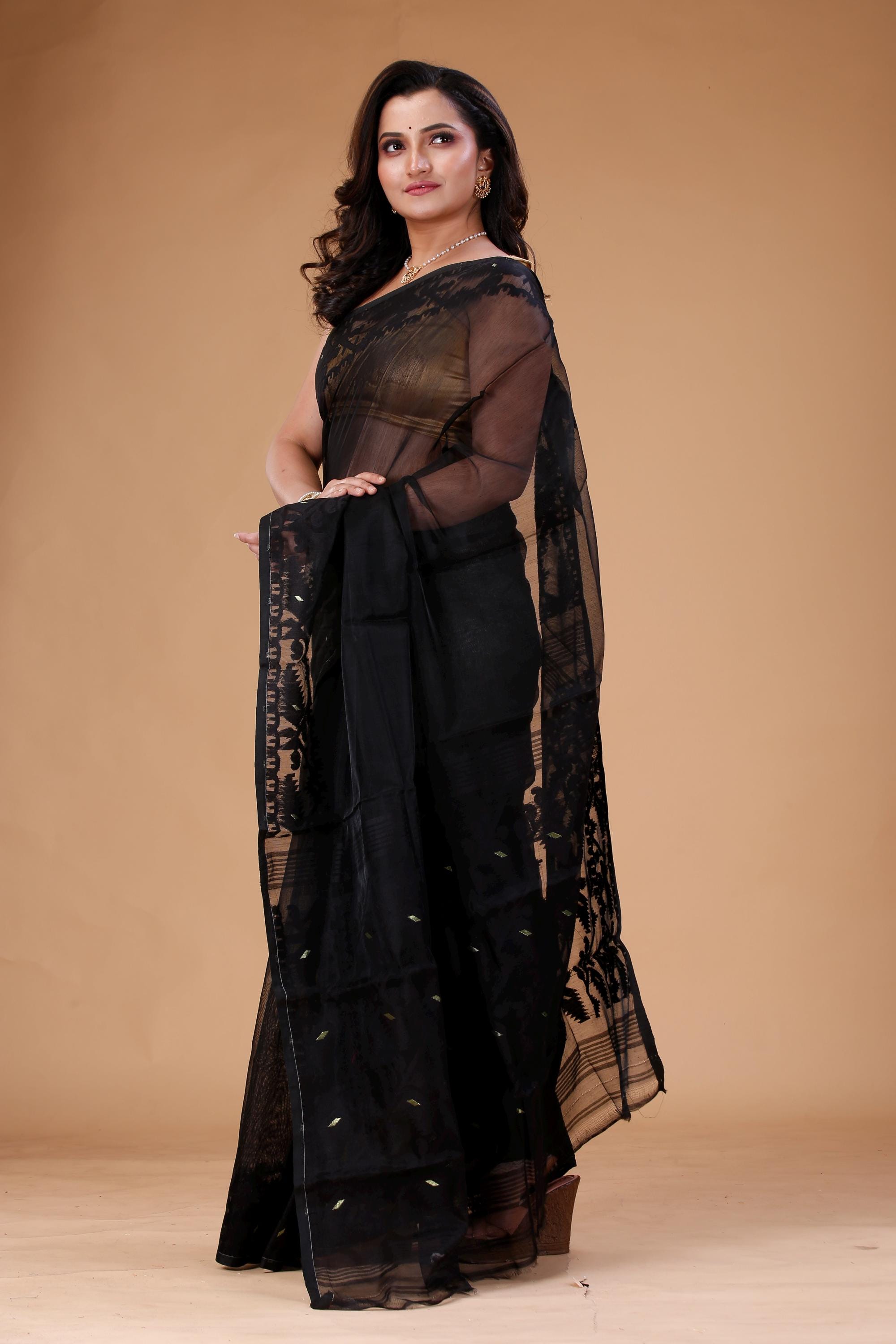 Black Color Jamdani Saree - Soft Cotton Muslin ,- With Fall and
