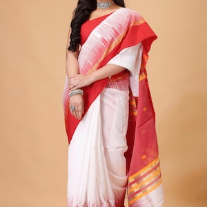 Handloom Cotton Silk Ikat Sari - Red & White - With Blouse Piece