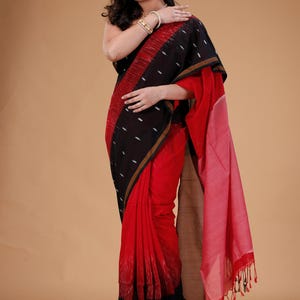 Handwoven Black & Red Cotton Saree: Handloom Sari with Blouse Piece