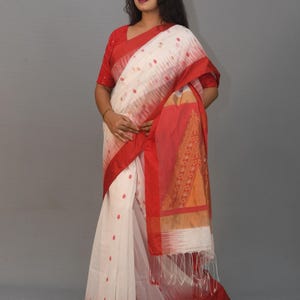 Handloom Cotton Silk Sari: White, Red Blouse Piece