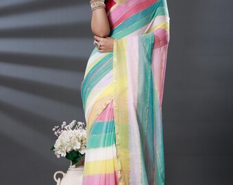 Handloom Cotton Mulmul Saree: Striped Mullti Color Saree, Fall Pico