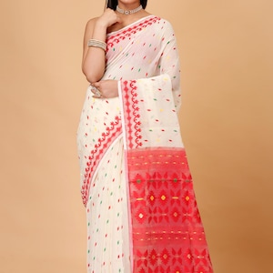 White & Red Jamdani Saree: Soft Cotton Muslin, Handloom Woven