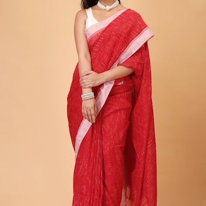 Handwoven Cotton Ikat Sari: Red & White Border, Blouse Piece