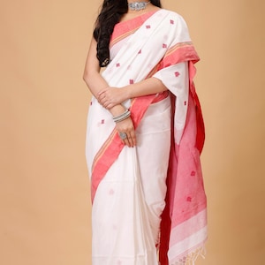 Handwoven Cotton Sari: White & Red Handloom Saree With Blouse