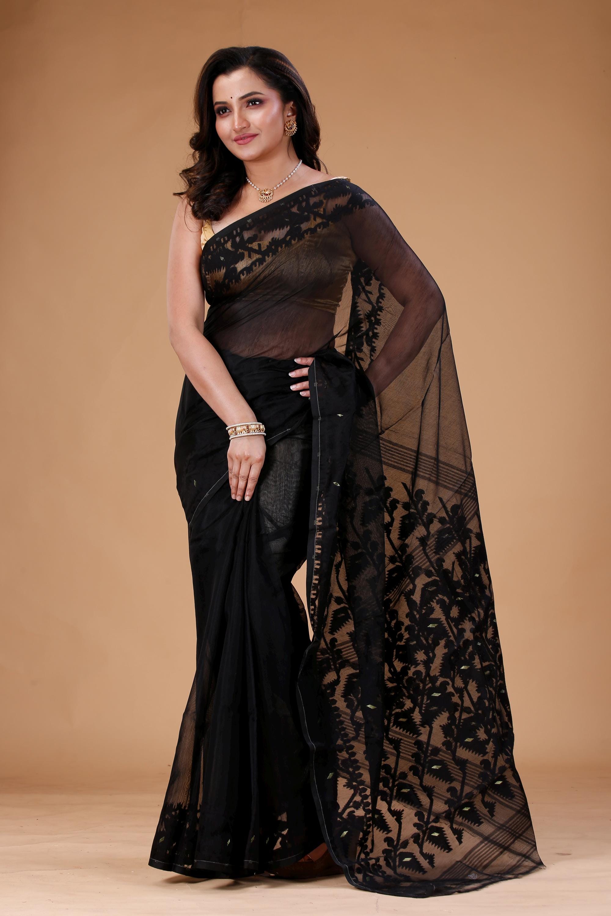 Black Color Jamdani Saree - Soft Cotton Muslin ,- With Fall and