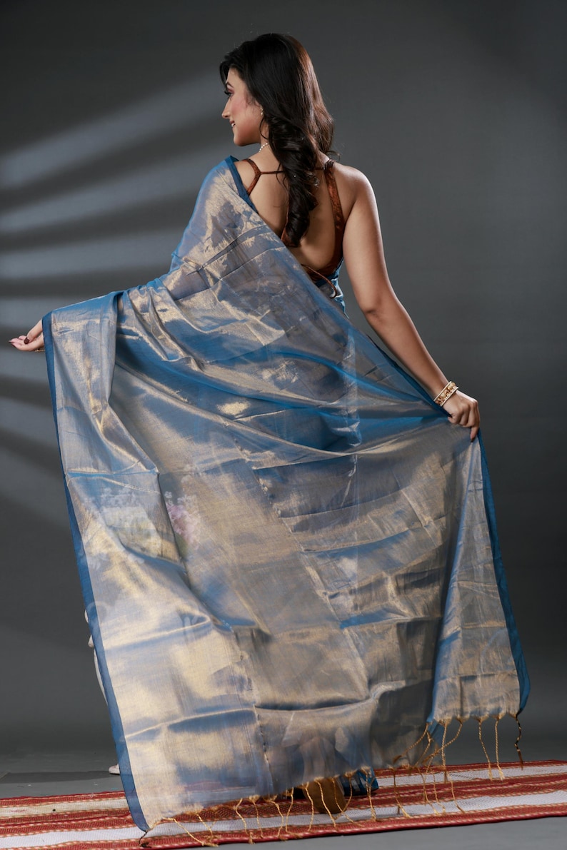 Handloom Tissue Soft Sari: Teal Blue Saree Woven With Blouse Piece ...