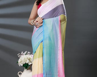 Handloom Cotton Mulmul Saree: Striped Mullti Color Saree, Fall Pico