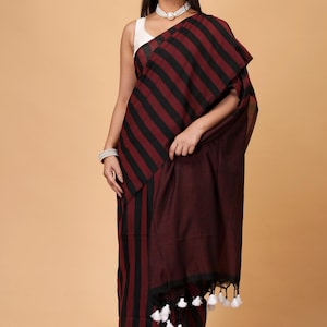 Handwoven Cotton Sari: Black & Red Checks, Blouse Piece