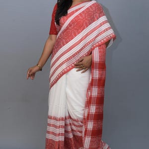 Handloom Cotton Sari: Red & White Bodhuboron Design with Blouse Piece