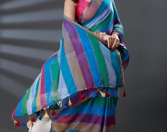 Handloom Cotton Mulmul Saree: Multi Color Saree, Fall Pico